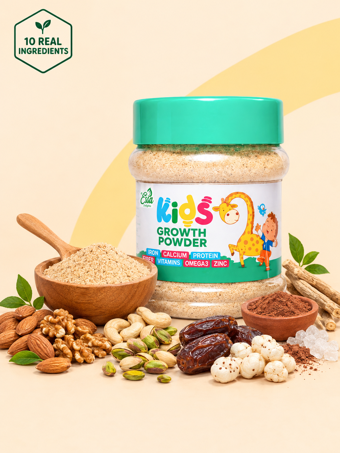 Kids Growth Powder jar with almonds, walnuts, cashews, pistachios, dates and makhana